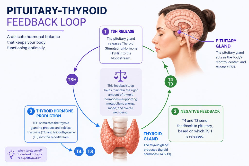 Pituitary-thyroid feedback loop illustrating the relationship between TSH, T4, and T3.