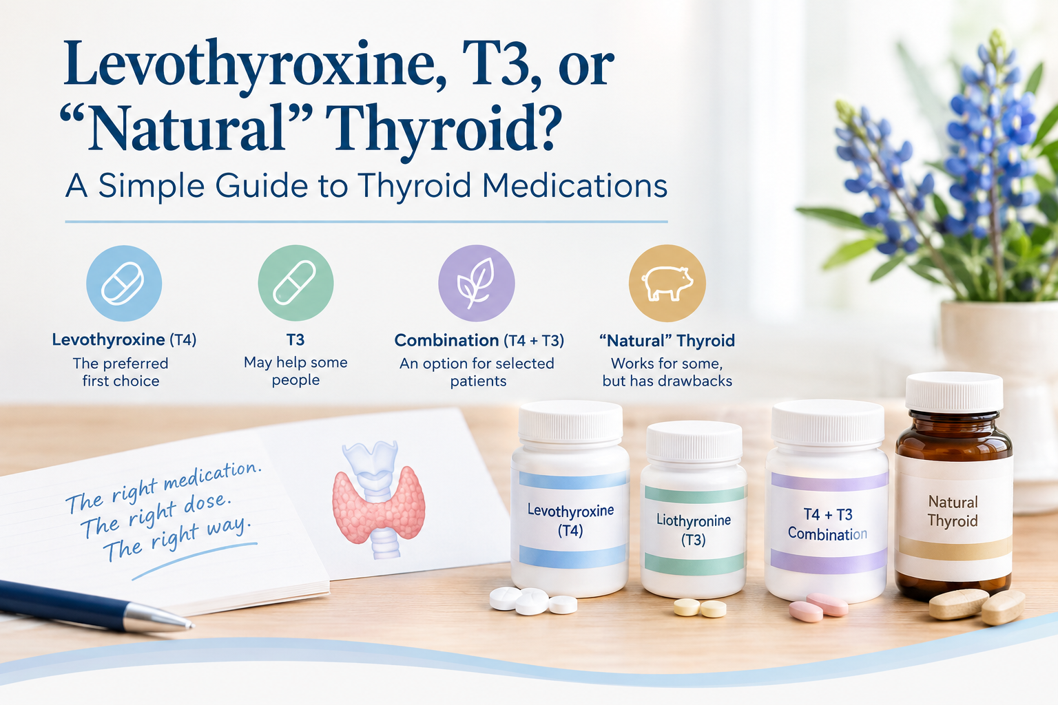 Thyroid medication options compared: levothyroxine (T4), liothyronine (T3), T4 + T3 combination, and natural desiccated thyroid